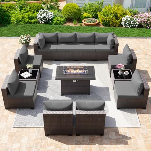 Image of 13 Pieces Outdoor Patio Furniture Set,Outdoor Sectional Furniture with 43 inch 55000 BTU Gas Propane Fire Pit Table,PE Rattan Wicker Patio Conversation Set with 10 Thickened Cushions,Grey