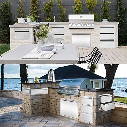 Image of 16 inch W Outdoor Kitchen Drawer Stainless Steel BBQ Triple Drawer Flush Mount for Outdoor Kitchen Island(Overall Size:16 inch W x 21 inch H x 23 inch D inch)