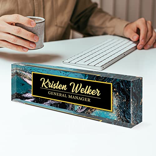 Desk Name Plate Personalized, Custom Name Plates for Desks, Personalized Acrylic Name Plate for Desk, Office Gifts for Coworkers, Boss, Employee, Teacher, Social Worker (Blue/Gold Coast)