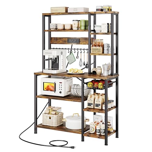 GRUSIGN Kitchen Bakers Rack with Storage, 6-Tier Coffee Bar Station with Power Outlet, Microwave...
