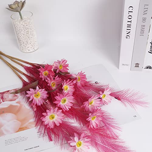 Insunsix Hot Pink Pampas Grass Bouquet With Daisy Artificial Flowers Ear Of Wheat 8 Branches Fake Tall Grass Long Stem Artificial Flowers For Faux Pampas Grass Decorations For Home (Hot Pink) #TOP1