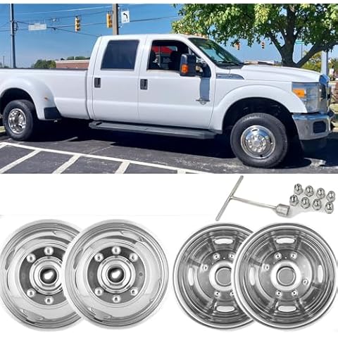VICOJETOR 4pcs 17 Wheel Simulators Fit for 2005-2021 Ford F-350 F350, 8 Lug Protective Waterproof Replacements Bolt On Polished Stainless Steel Dually Hubcaps Wheel Covers with Installation Tool Kit Cover