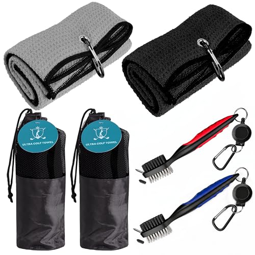 Blue Horizon Golf Towel and Brush Kit 2-Pack &ndash; Microfiber Towels with Carabiner Clip + Club Groove...