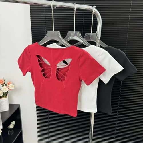 Image of ICW Women's Streetwear Round Neck Butterfly Cutout Back Short-Sleeve Padded Crop Top T-Shirt Dn249