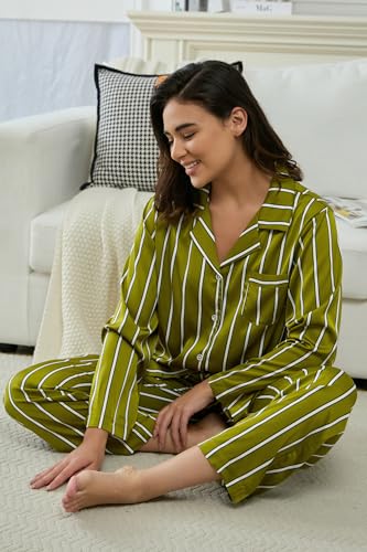 Image of YiNi LuLu Womens Silk Satin Pajamas Set Button Down 2 Piece Pjs Long Sleeve Oversized Sleepwear with Pockets