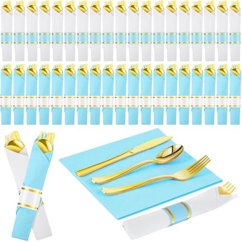 Lasnten 50 Pack Blue Pre Rolled Gold Plastic Silverware Set Dispo...