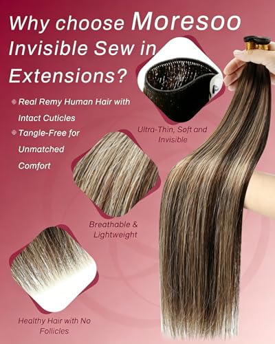 Image of Moresoo Genius Weft Hair Extensions Human Hair, Balayage Medium Brown with Caramel Blonde 20inch 60g, Invisible Sew in Hair Extensions Real Remy Soft Straight for Volume Daily Wear