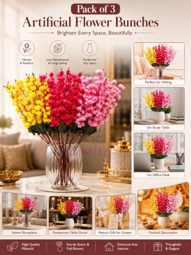 Image of ARTSY Artificial Flowers Bunch for Decoration Cherry Blossom, Ideal for vase, Home, Office Decor, Gifts, Craft, Artificial Plants for Decoration, Without vase, Assorted, Combo, 3 Piece, 55 cm Height