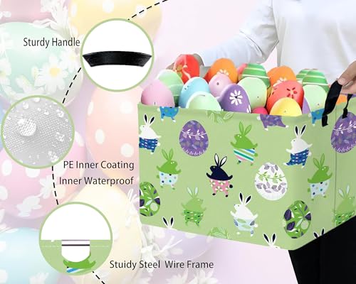 Image of Large Rectangular Easter Baskets Empty Waterproof Boy Toy Box Foldable Kid's Gifts Storage Bin Spring Room Decor(Green Dancing Rabbit Egg)