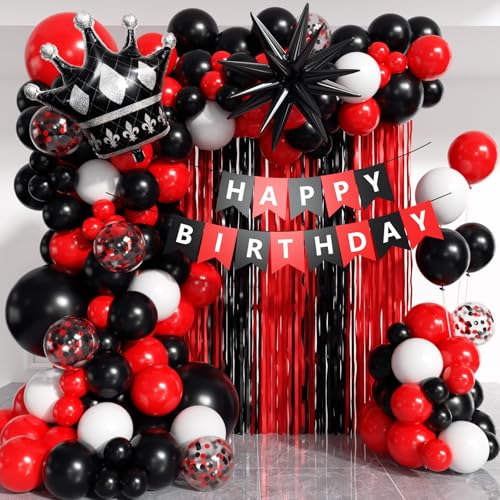 Image of Red and Black Birthday Party Decorations 152Pcs, Red Black White Balloons Arch Kit with Banner Fringe Curtains for 16th 18th 21st 24th 32th 40th 50th 60th Birthday Decorations for Men