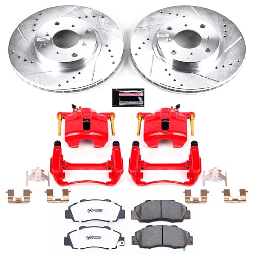 Image of PowerStop Front Brake & Caliper Kit for Honda Prelude 1993-96 - Drilled & Slotted Disc Rotors + Carbon-Fiber Ceramic Brake Pads + Red-Powder Coated Calipers, KC1037-26