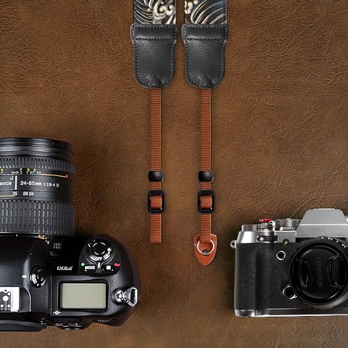 Image of Padwa Lifestyle Camera Strap - 2 inch Cowhide Leather Head Cotton Camera Straps for Photographers,Vintage Japanese Art Print Adjustable Neck & Shoulder Strap for ALL DSLR /SLR Cameras(Brown Wave)
