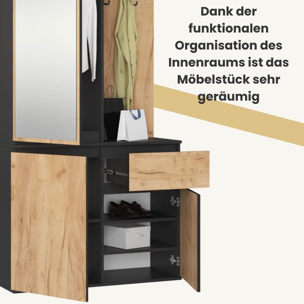 AKORD Garderoben-Set ENTRO Schwarz 95 cm Kompaktgarderobe Schmaler Flur 3 Türen 1 Schublade 7 Regalböden Industrial Stil Schwarz & Craft-Eiche