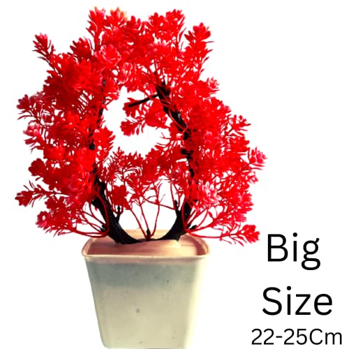 Image of Artificial Red Plant Set for Decoration with Pot Combo of 2PCs Artificial Forest Bonsai Plant with Plastic Pot for Home Decoration Office Table Greenery Room Home Decor Plants 25Cm plastic plants / Fake Plants(Design4)