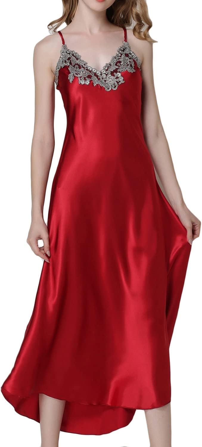 ASHER FASHION Women's Nightdress Lace Satin Nightgowns Long Chemise Sleepwear
