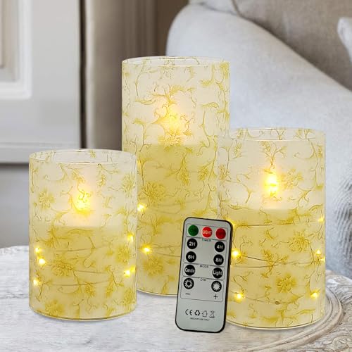 Image of Flickering Flameless Candles, Recessed String Light LED Candles 3D Wick Acrylic Battery Operated LED Pillar Candles with Remote and Timer for Modern Simple Home Decor Set of 3(Gold Flower)