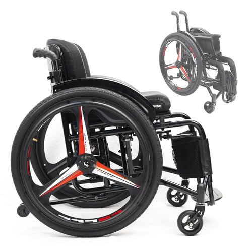 大人のスポーツレジャー車椅子、高速解放後輪付き軽量折り畳み式輸送車椅子、自走式アルミニウム合金携帯手動車椅子(Seat width 38cm/15in,A)