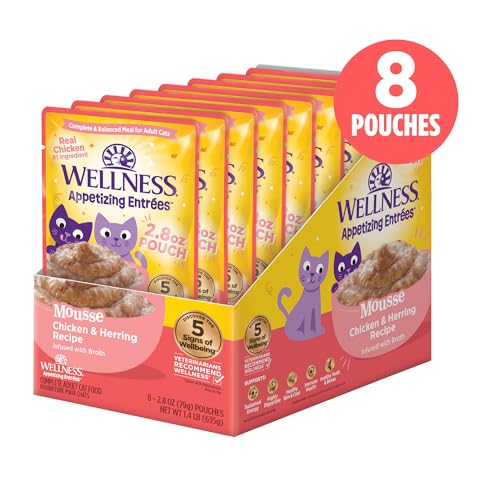 Image of Wellness Appetizing Mousse Flaked Adult Wet Cat Food, Natural, Protein Rich, Grain Free, Chicken and Herring Recipe, 2.8 oz, Pack of 8 Pouches