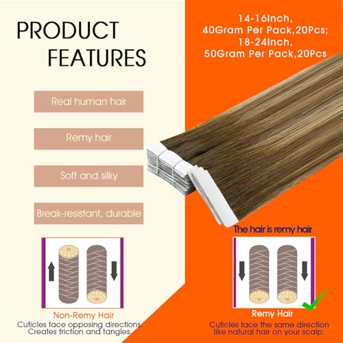 Image of Full Shine Injected Tape in Hair Extensions Human Hair Color 4 /24 /4 Balayage Remy Tape Extensions Long Straight Skin Weft Seamless Extension 22Inch 50G 20Pcs Add Length Soft Natural