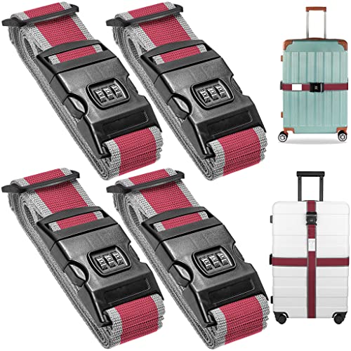 4 Pièces Sangle pour Valise, Réglables Sangles à Bagage avec Serrure à Combinaison et Boucle, Sangle Valise Voyage avec Etiquettes à Bagage, Accessoires de Voyage pour Valise de 20-32 Pouces