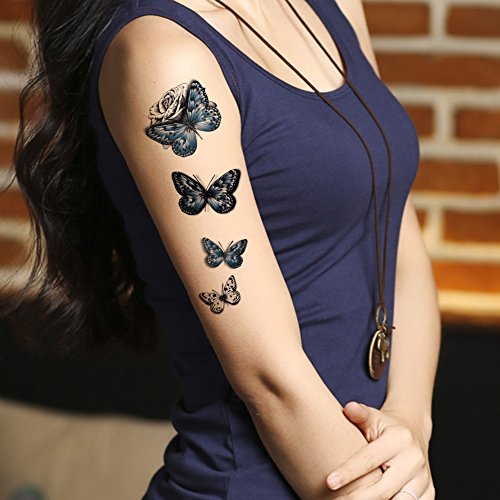 TAFLY Temporary Tattoos for Women Blue Butterfly and Black Rose Arm/Leg/Body Art Transfer Tattoos 5 Sheets