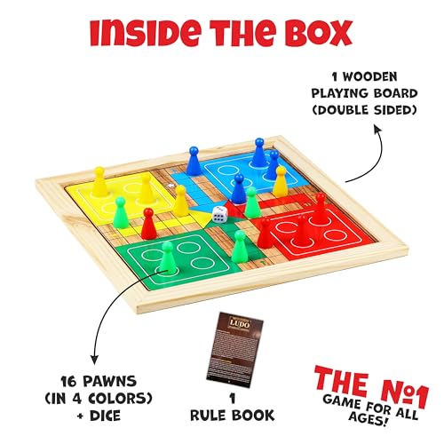 Image of ToyAffair 2 in 1 Wooden Ludo and Snakes Ladders Board Game (31 x 31 cm) Double Sided Family Strategy Game Set for Kids and Adults Age 6 + 2 to 4 Players Indoor Travel Board Game