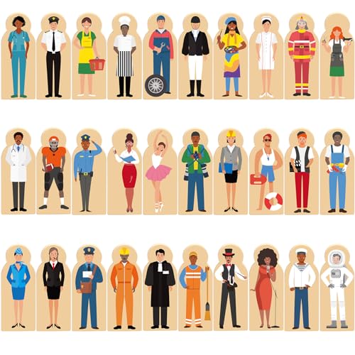 Image of Arrowbash 30 Pcs Wooden Community Helpers Toys Small Professionals Wooden Character Set Cute Career Blocks Wood People Figures for Classroom Open Ended Stem Pretend Games Educational Activity Supplies