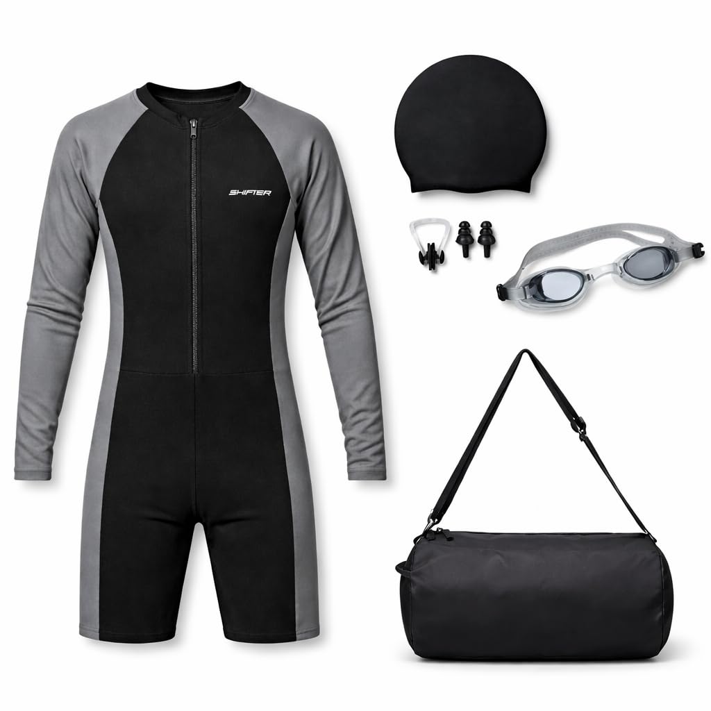 SHIFTER Kids Swimwear Combo Set for Boys & Girls | Unisex One Piece Swimsuit with Swimming Goggles, Cap, Ear Plugs, Nose Clip & Duffle Bag-image-30