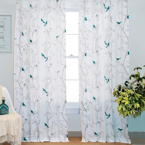 Image of Tranquebar Curtain Co. Cotton Curtains 7 Feet Long Set of 2, 60-65% Room Darkening, Blue Bird Print, Door Curtains 7 Feet Set of 2, Door Curtains 7 Feet Set of 2, With Eyelet, Yori (213 cm) - Set of 2
