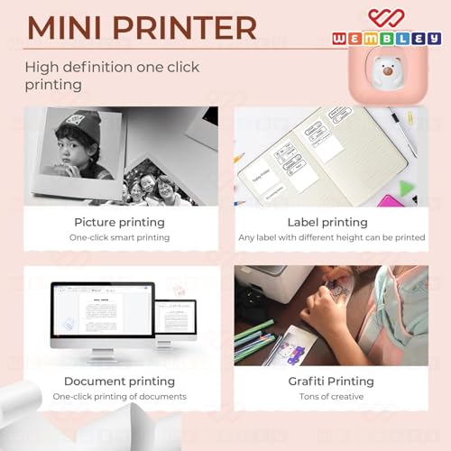 Image of Wembley Mini Bear Themed Thermal Printer| Portable, Wireless & Rechargeable| Safe & Ink-Free Color Printer for Kids Age 5+| Print Anytime, Anywhere (Pink)