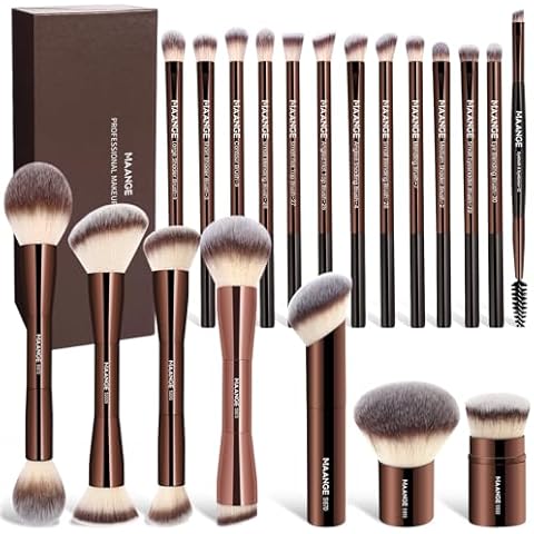 MAANGE 20 Pcs Makeup Brushes with Gift Box, Double-End Multi-functional Makeup Brushes for Blending Liquid Powder Concealer Cream Blush Buffe,CoffeeBrown Cover