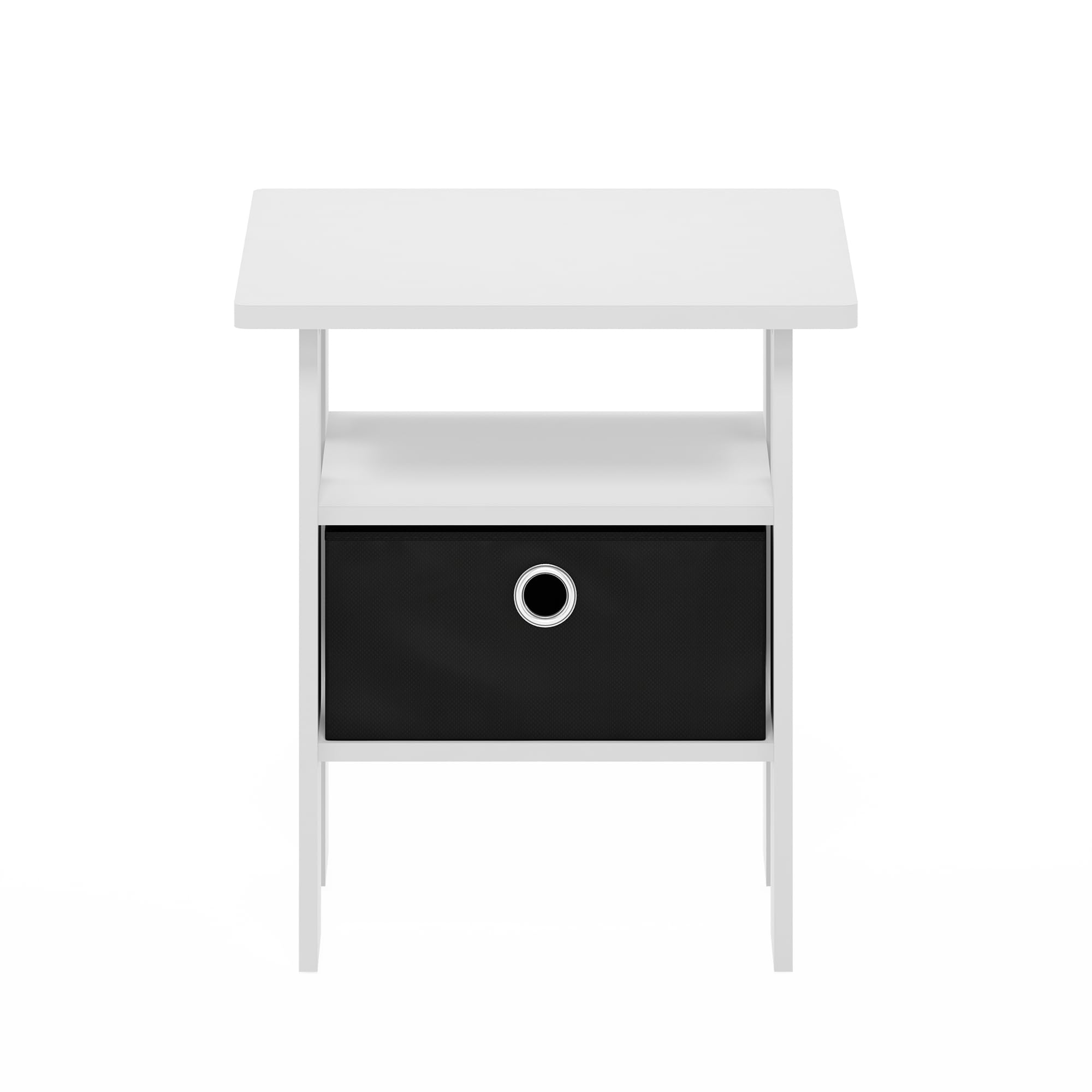 Furinno Andrey tavolino comodino con cassetto portaoggetti, Bianco/Nero | Mensole aperte e cestino, comodino, per soggiorno, camera da letto