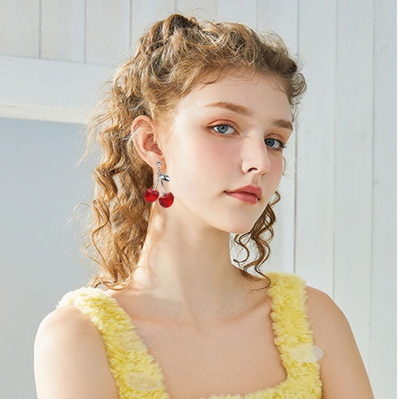 ONLYJUMP 3 Pairs Cute Cherry Pendant Necklace Bracelet Earrings Set for Women 3D Sweet Fruit Earrings Bracelet Creative Fruit Red Cherry Choker Necklace Fashion Summer Fruit Jewelry - Image 3