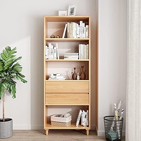 IOTXY Oak Mid-Century Bookcase with Legs - 67" Tall Open Shelves Cube Billy Bookshelf with Double Drawers for Home and Office Cover