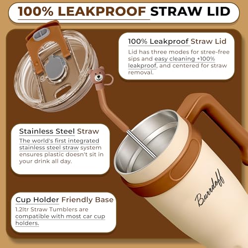 Image of Insulated Tumbler with Straw Lid and Handle (1200 ML) Double Wall Sipper Water Bottle for Adults, Tumbler Bottle with Straw (Almond Quartz, 1200 ML, with Bear Straw Coverr)