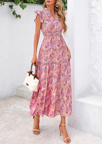 Image of PRETTYGARDEN Women's 2026 Summer Floral Midi Dress Cap Sleeve V Neck Ruffle Long Flowy Boho Casual Beach Vacation Dresses