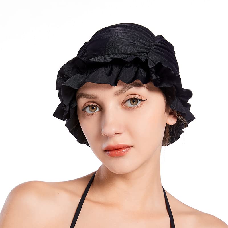 Girls Swimming Cap for Long and Short Hair Women Vintage Waterproof Swimming Cap Hat Ladies Bathing Shower Cap for Horsetail Braids Dreads Elastic Retro Swimming Caps