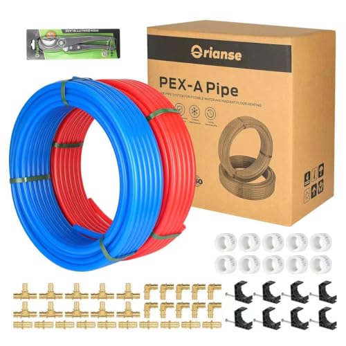 PEX Pipe ORIANSE 1/2 Inch 200 Feet(Blue & Red Each 100ftPEX-A Pipe Tubing 30 PCS 1/2 Brass Expansion pex Fittings- Elbow Tee Coupler Each 10PCSExpansion Rings 100PcsJ-Hook 50PCS with Free Cutter