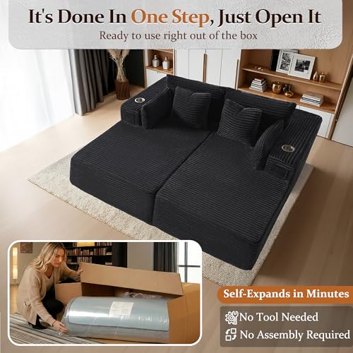 Image of 72 inch Cloud Sectional Couch, Comfort Sleep Sofa for Living Room, Extra Deep Seats No Assembly, Minimalist Modular Couch, Corduroy (Black, Loveseat Chaise)