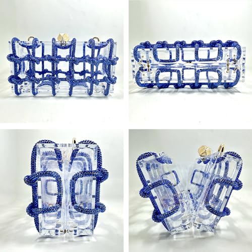Image of Clear Acrylic Clutch, Glitter Rhinestone Purse Handbag with Bling Rope for Banquet Party (Blue)