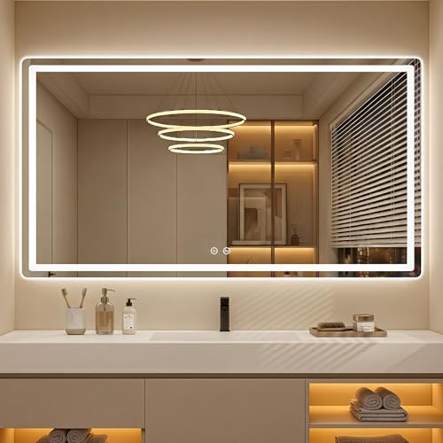 Image of LED Bathroom Mirror with Lights, 30 x 55 Lighted Vanity Wall Mirror | Backlit and Frontlit, Anti-Fog, Dimmable 3 Colors, Shatter-Proof Tempered Glass, Memory Function, Plug-in /Hardwired