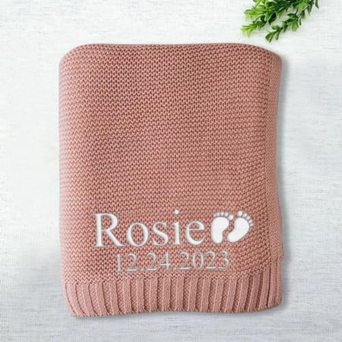 Image of LOVELYPOD Personalized Baby Girl Knit Blanket, Cotton Knit Stroller, Custom Embroidered with Name and Icon, 30x40in Nursery Blanket Gifts for Newborn Baby Girl, Newborn Holiday Shower Gift