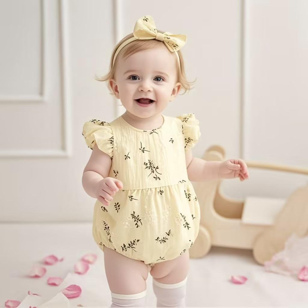 partclots Newborn Infant Baby Girl Sleeveless Romper Toddler Girls Floral Jumpsuit Bow Headband Summer Outfits (Yellow, 0-6 Months)