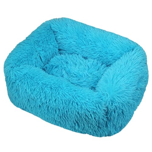 Hiseng Soft Fluffy Dog Bed, Simple Solid Color Self-Warming Cat Bed Washable Square Dog Beds Medium, Plush Anti-Slip Bottom Donut Cat Beds for Indoor Cats (S 55x45cm,Blue)