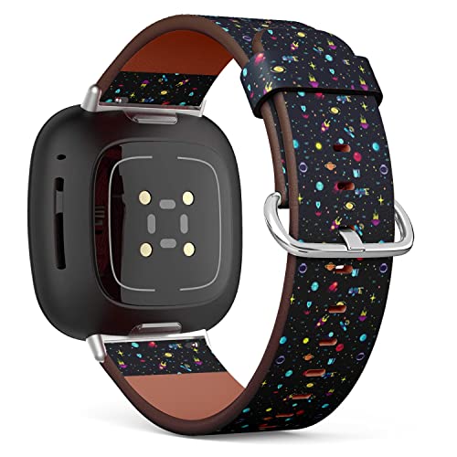 CJBROES Replacement Leather Watch Band, Compatible with Fitbit Versa 3 and Fitbit Sense of Wristband Bracelet Accessory - Space Planets Spaceships