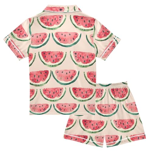 ALAZA Watercolor Watermelon Stylish Satin Pajamas Set Short Sleeve Button Down Sleepwear Summer Pjs 2 Piece2