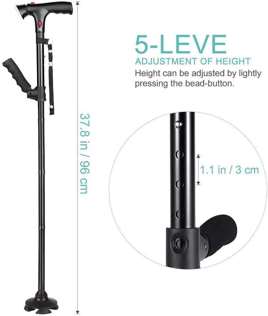 MRKU Bastón para Caminar, bastón Plegable, bastón para Caminar, Antideslizante, bastón médico para Ancianos, Ligero, Multifuncional, Ajustable, de aleación de Aluminio, Andador con luz LED