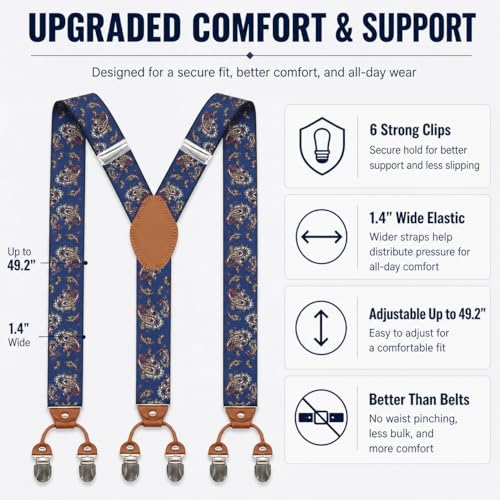 Image of Men's Heavy Duty Y-Back Suspenders, 6 Strong Metal Clips Adjustable Elastic Straps for Work, Tuxedos, and Daily Wear