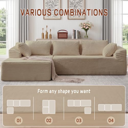Image of Korser 108 inch L-Shaped Modular Sectional Sofa with Chaise, Boneless Comfy Corduroy Fluffy Couch with Deep Seat and Side Pockets, Flexible Module Combination for Living Room, No Assembly, Side Pockets