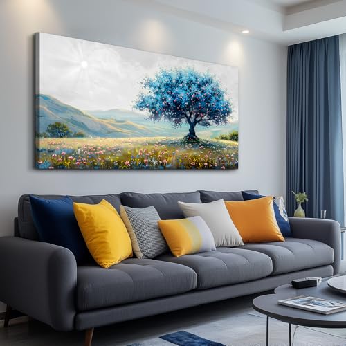 FUHAIHUA Large Wall Decor For Living Room Canvas Wall Art For Office Modern Wall Decorations For Bedroom Pastoral Landscape Painting Blue Tree Pictures Artwork Room Aesthetic Home Decor 24x48 In